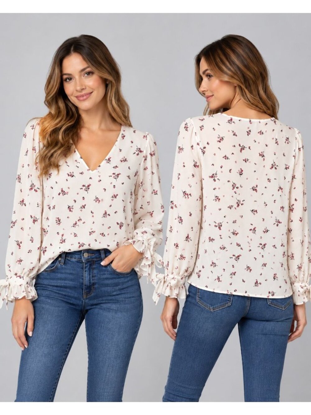 CeCe Breezy Sprigs Ecru Floral Print Long Sleeve V-Neck Tie-Cuff Blouse Large